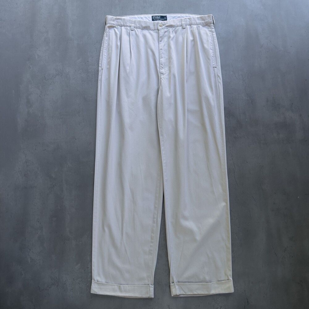 Vintage 90s Polo Ralph Lauren Mens 36x30 Beige Pleated Cuffed Chino Pants
